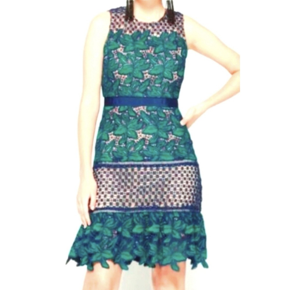 Belle Badgley Mischka Deanndra Embroidered Lace Dress Sz 12 Green/blue Event